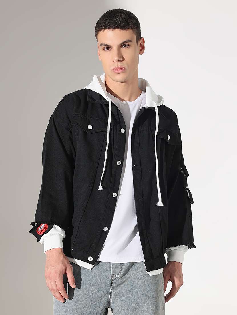 men solid long sleeve hooded denim jacket - 22037966 -  Standard Image - 1