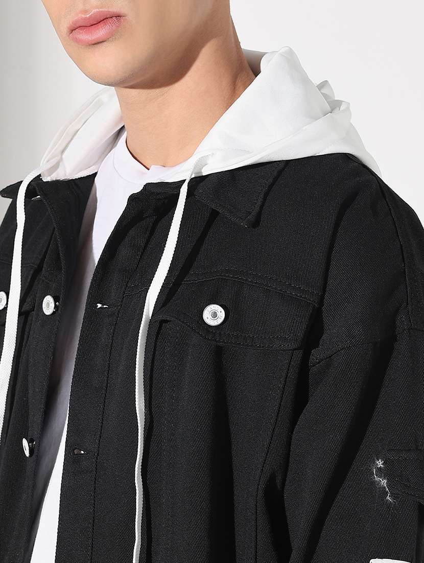 men solid long sleeve hooded denim jacket - 22037966 - Standard Image - 4