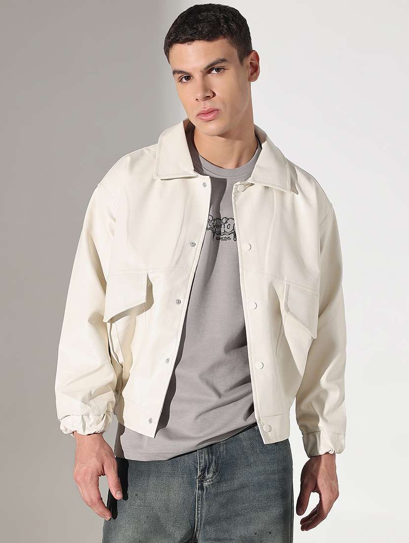 men solid collared long sleeve faux leather jacket - 22037972 - Standard Image - 1