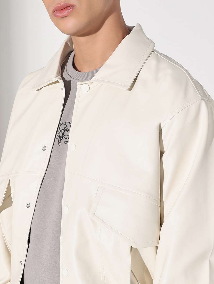 men solid collared long sleeve faux leather jacket - 22037972 - Standard Image - 4