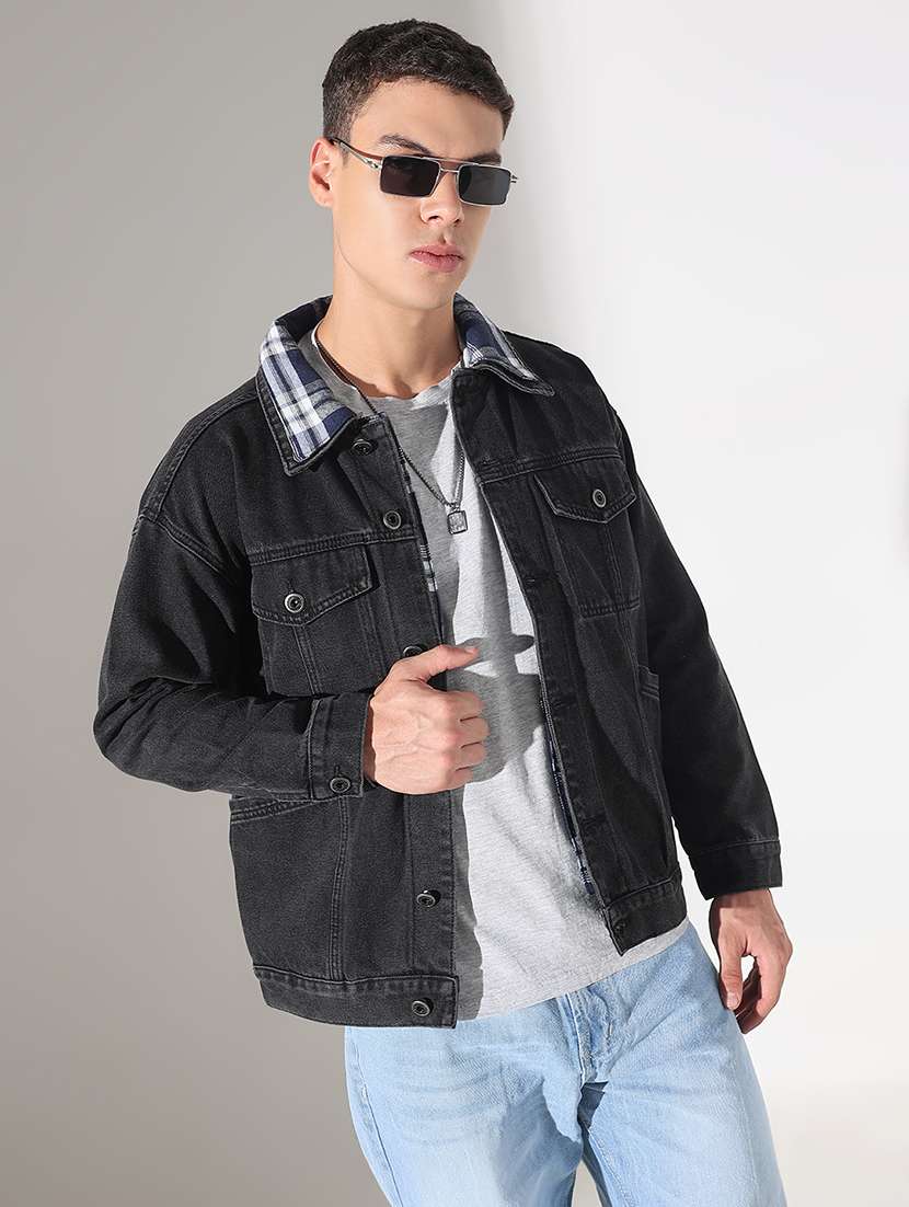 men solid collared long sleeve denim jacket