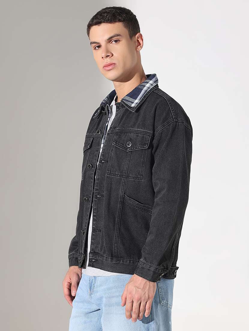 men solid collared long sleeve denim jacket - 22037981 -  Standard Image - 1