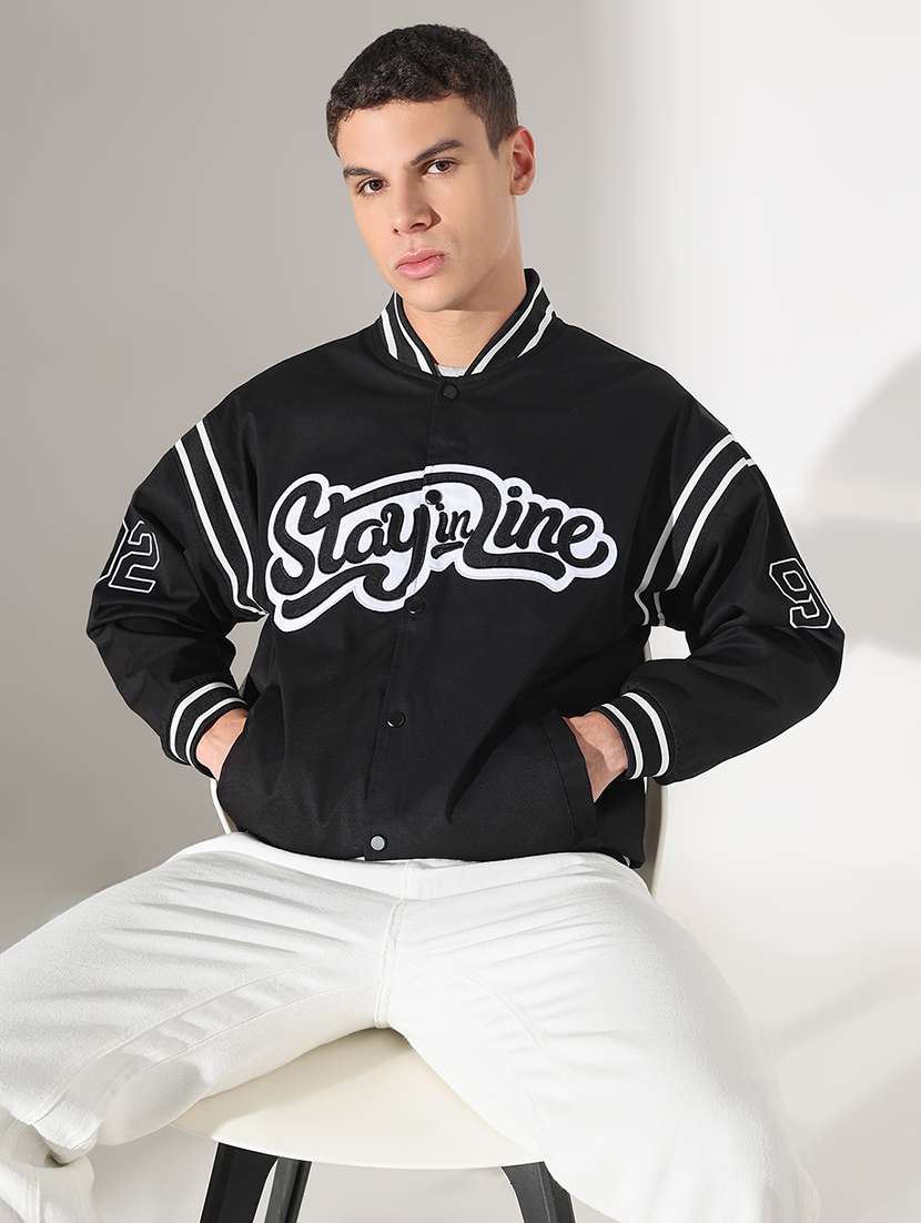 men typographic print long sleeve varsity jacket