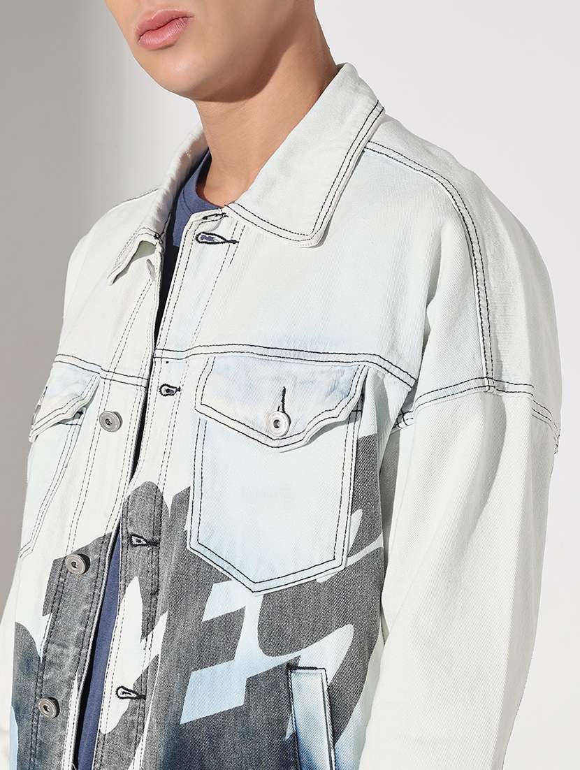 men printed collared long sleeve denim jacket - 22037992 - Standard Image - 4