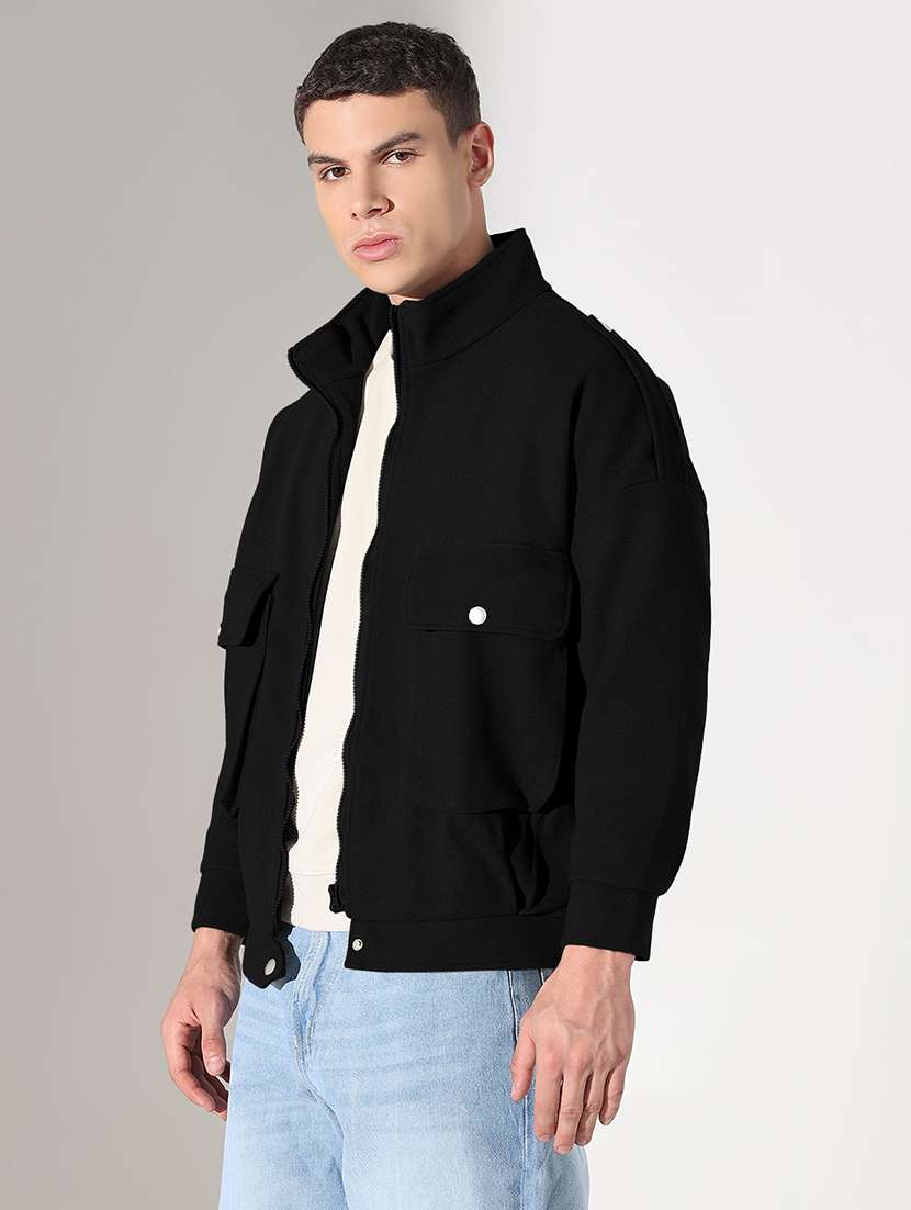 men black solid stand collar long sleeve puffer jacket - 22037993 -  Standard Image - 1