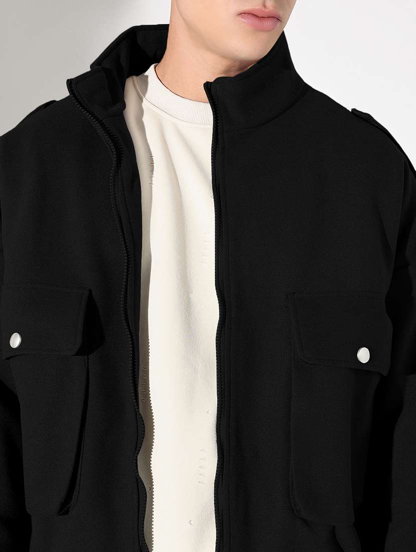 men black solid stand collar long sleeve puffer jacket - 22037993 -  Standard Image - 4