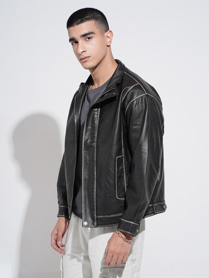 men solid long sleeve faux leather jacket - 22038009 - Standard Image - 1