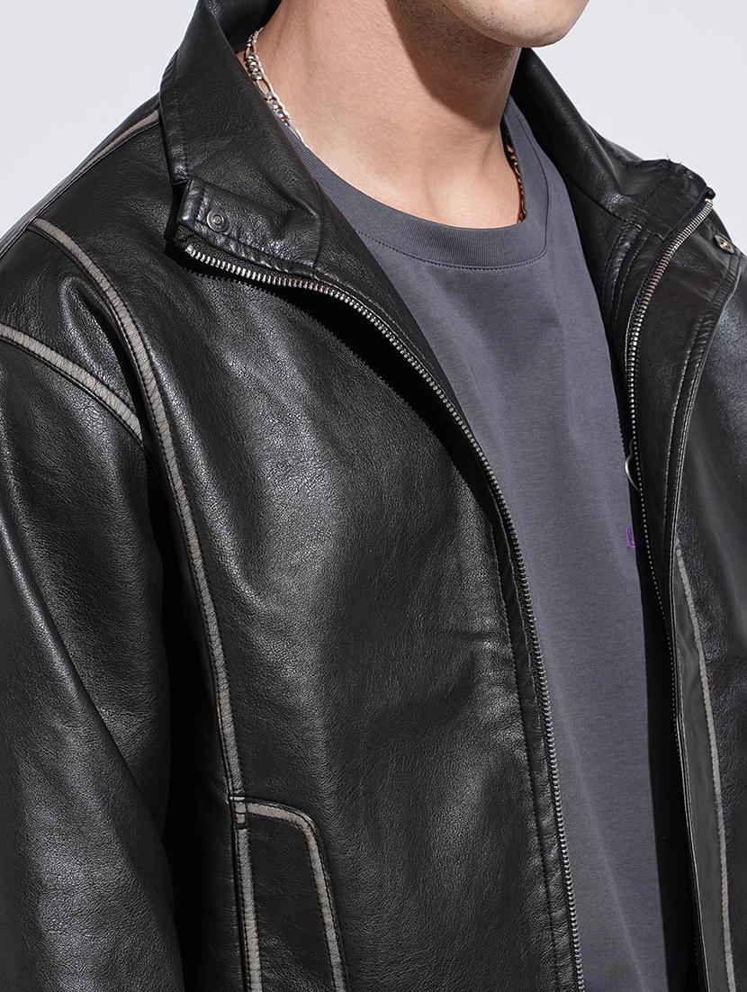 men solid long sleeve faux leather jacket - 22038009 - Standard Image - 4