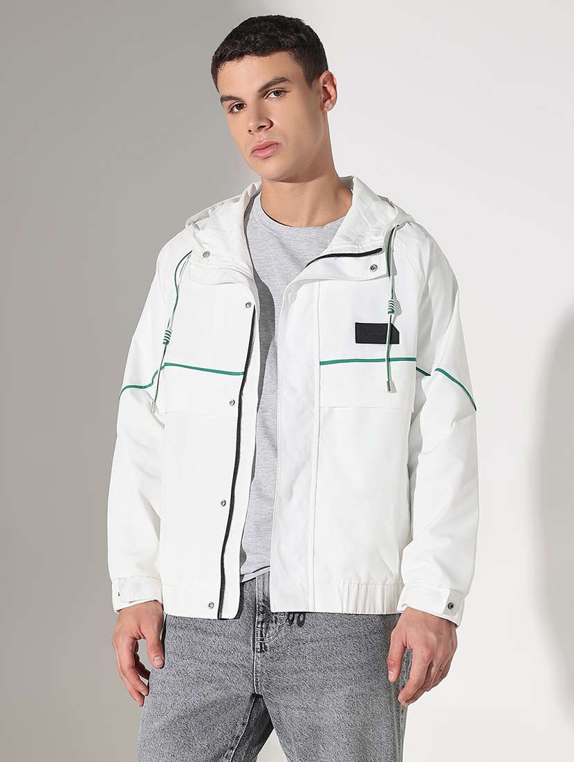 men white solid long sleeve hooded bomber jacket