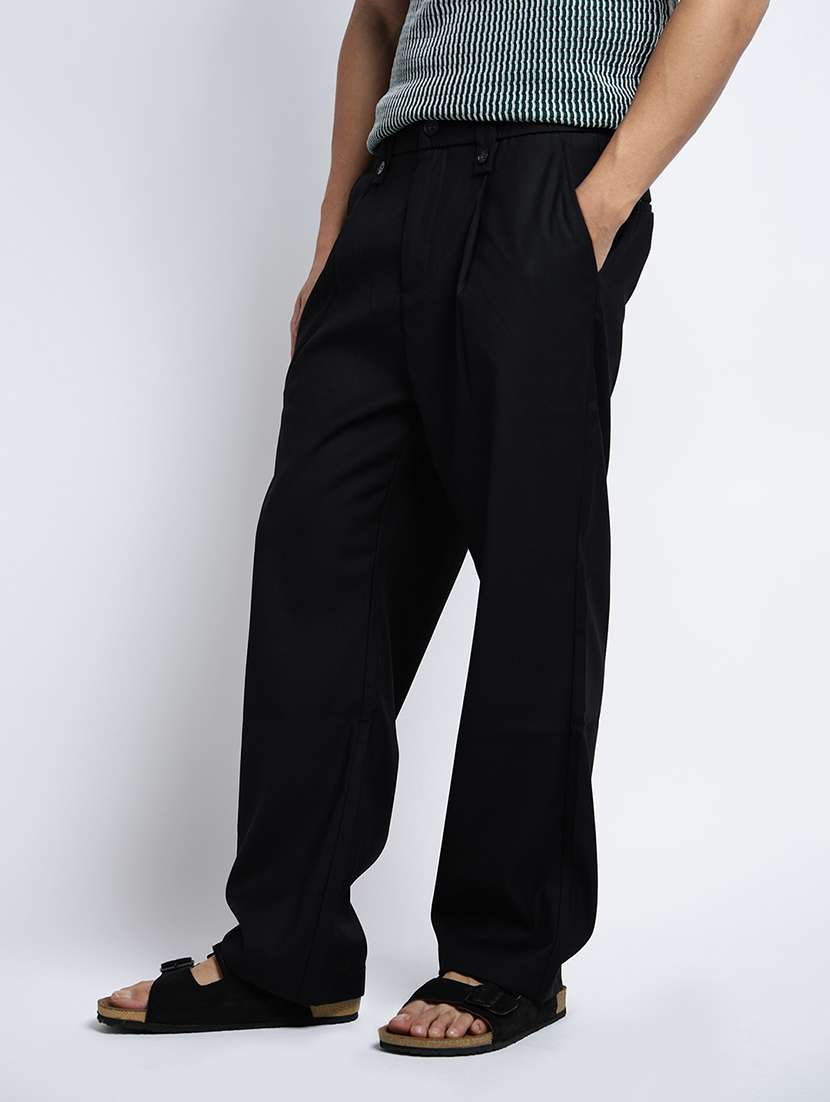 men solid mid rise loose fit pleated trouser - 22038023 - Standard Image - 1