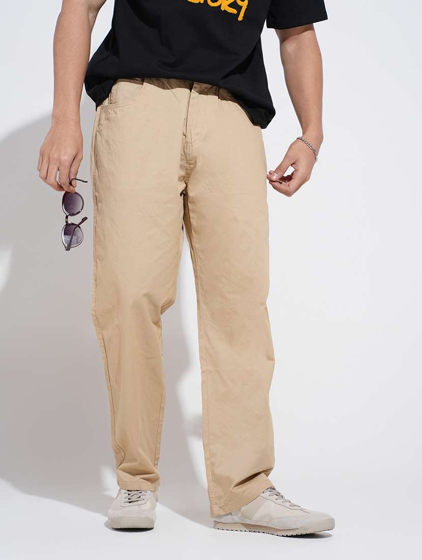 men solid low rise straight fit trouser 