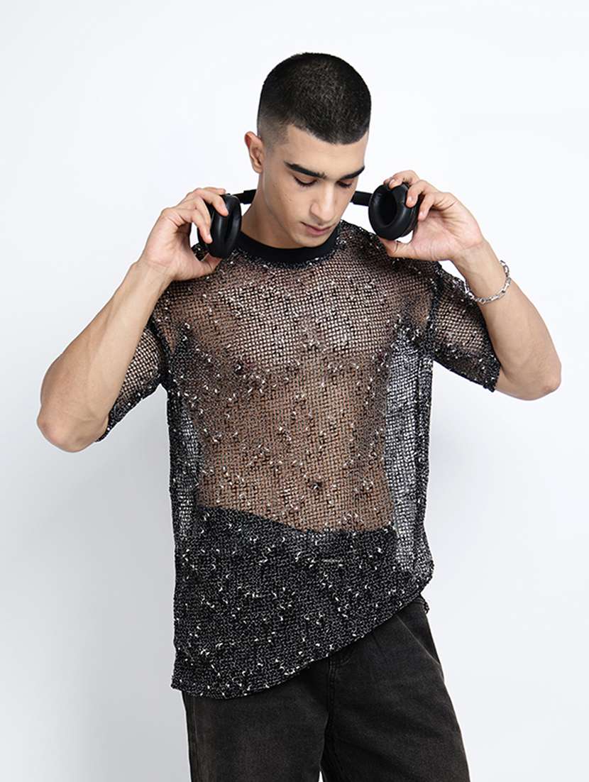 men self designed short sleeve regular fit sheer t-shirt - 22038113 - Standard Image - 4