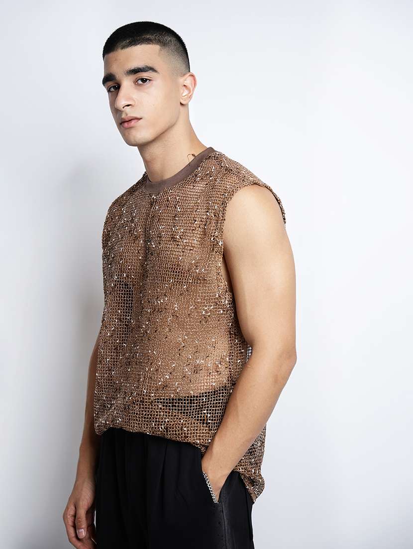 men self designed sleeveless regular fit sheer t-shirt - 22038117 -  Standard Image - 1