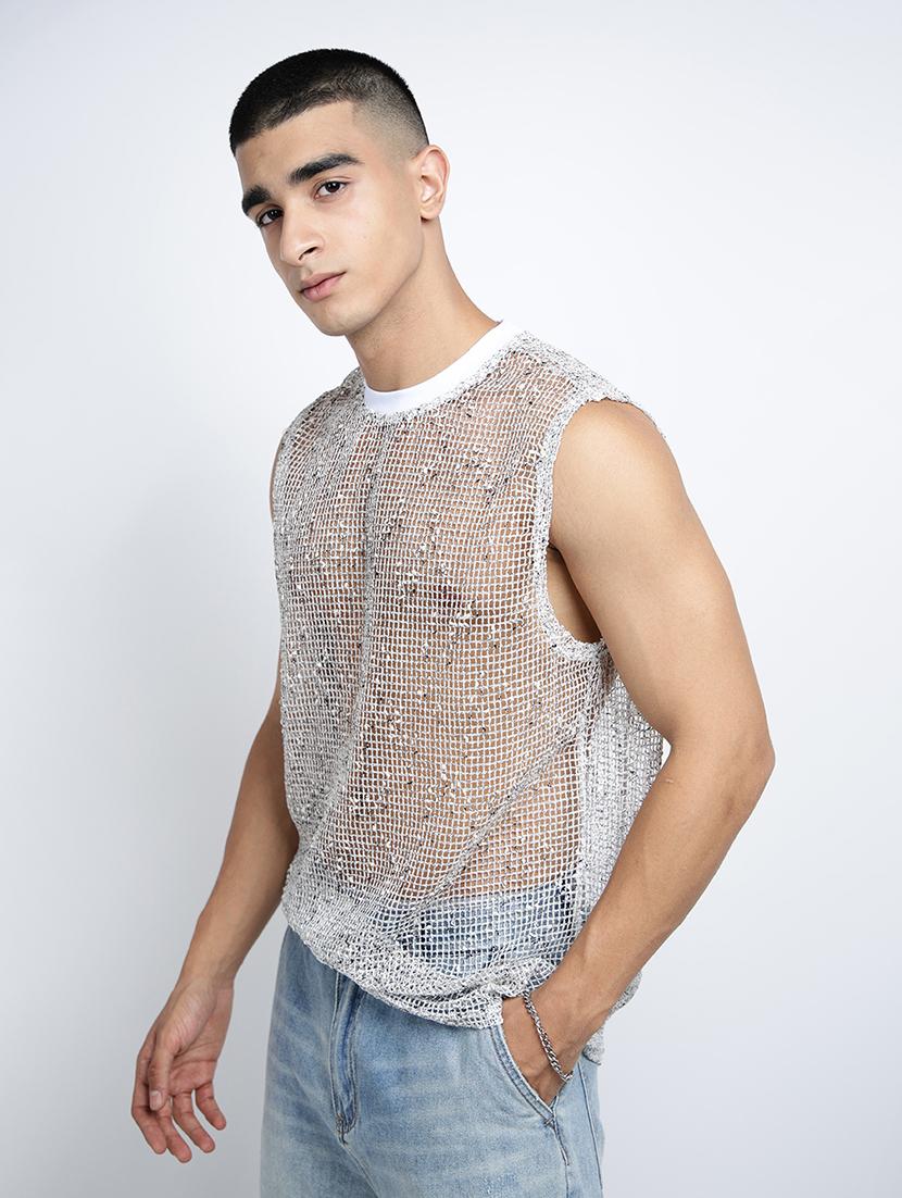 men self designed sleeveless regular fit sheer t-shirt - 22038118 - Standard Image - 1