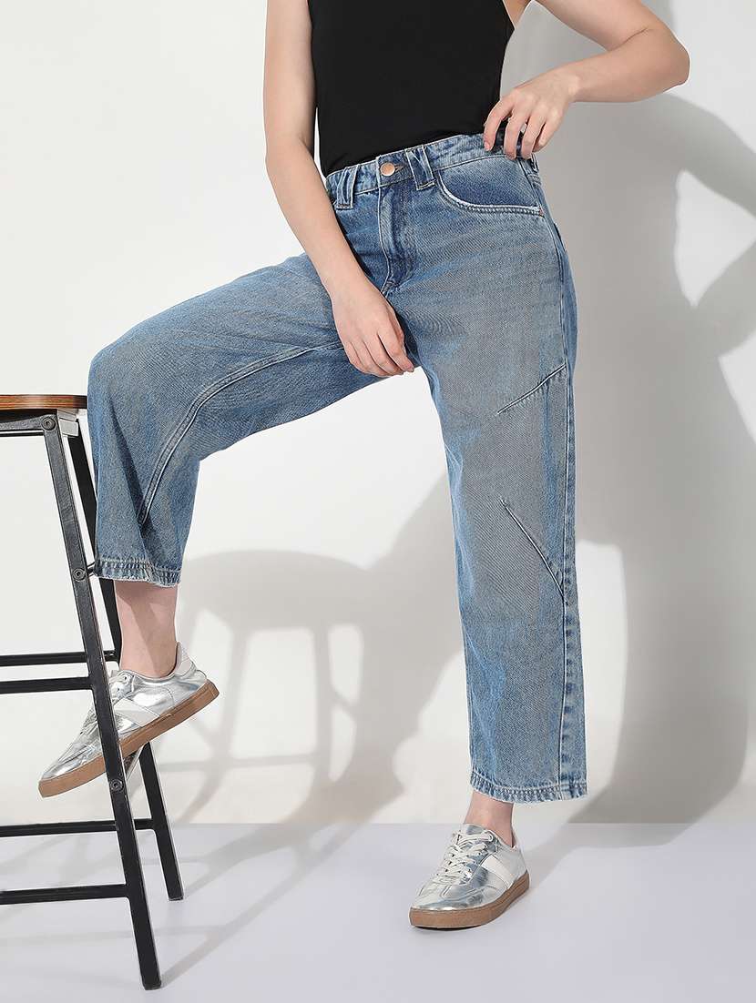 women washed mid rise straight jean