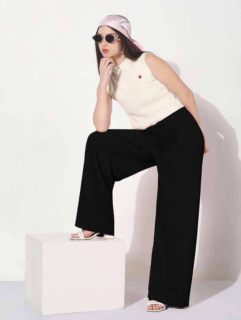 women solid high rise wide leg trouser - 22038234 - Standard Image - 1