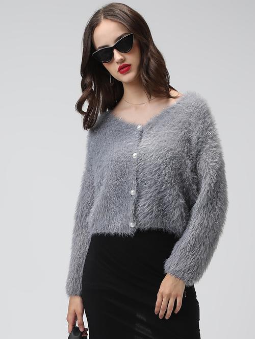 women grey solid long sleeve crop cardigan - 22038237 - Standard Image - 0