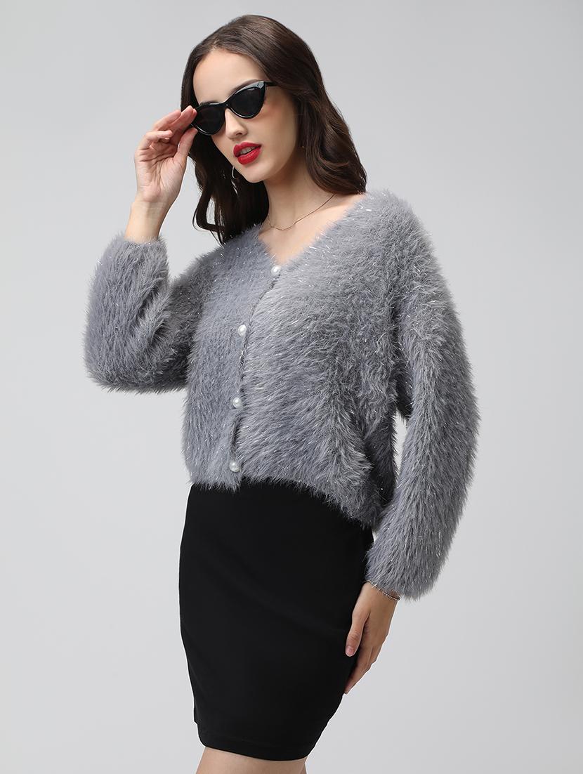 women grey solid long sleeve crop cardigan - 22038237 - Standard Image - 1
