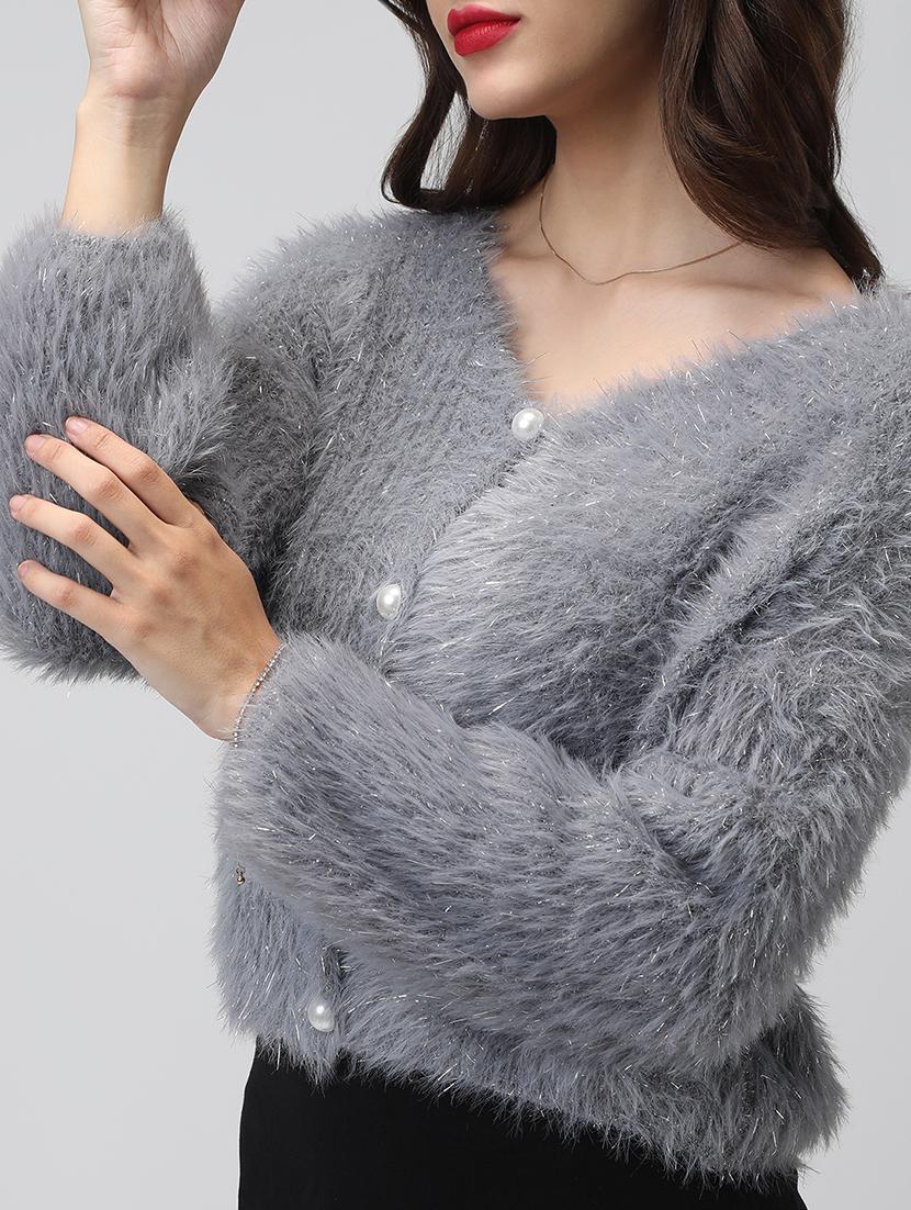 women grey solid long sleeve crop cardigan - 22038237 - Standard Image - 4