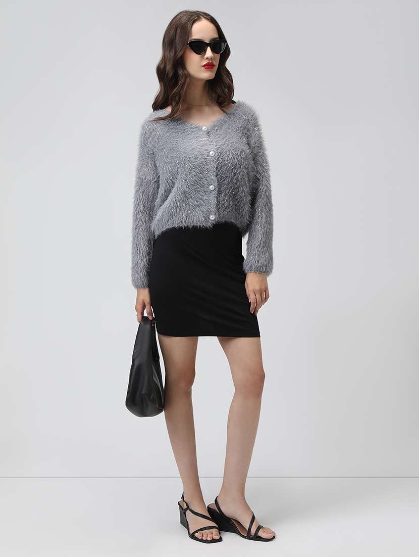Women Grey Solid Long Sleeve Crop Cardigan