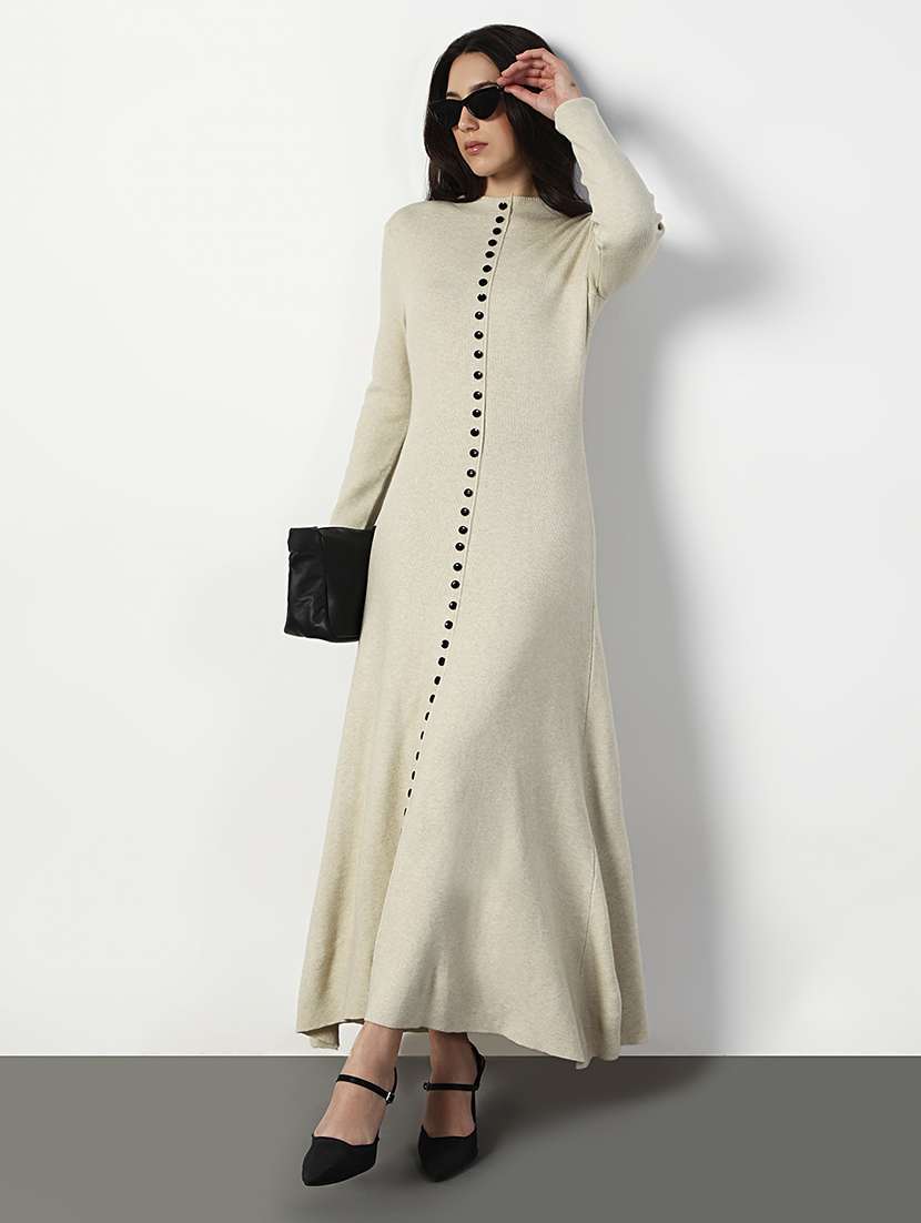 women cream solid long sleeve a-line dress - 22038243 -  Zoom Image - 0