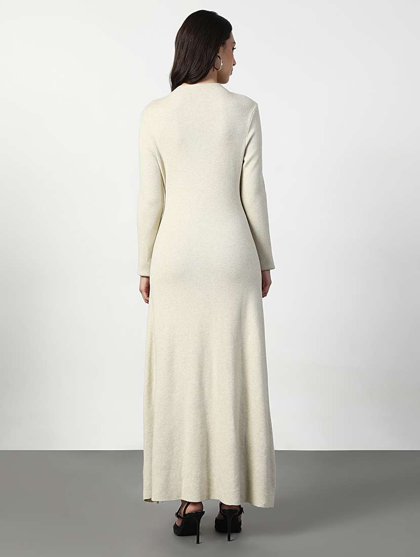 women cream solid long sleeve a-line dress - 22038243 - Standard Image - 4