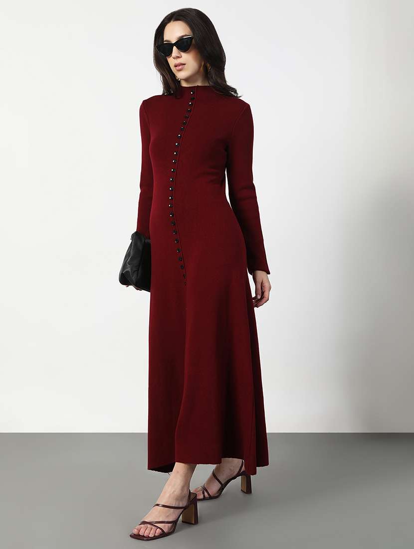 women maroon solid long sleeve a-line dress