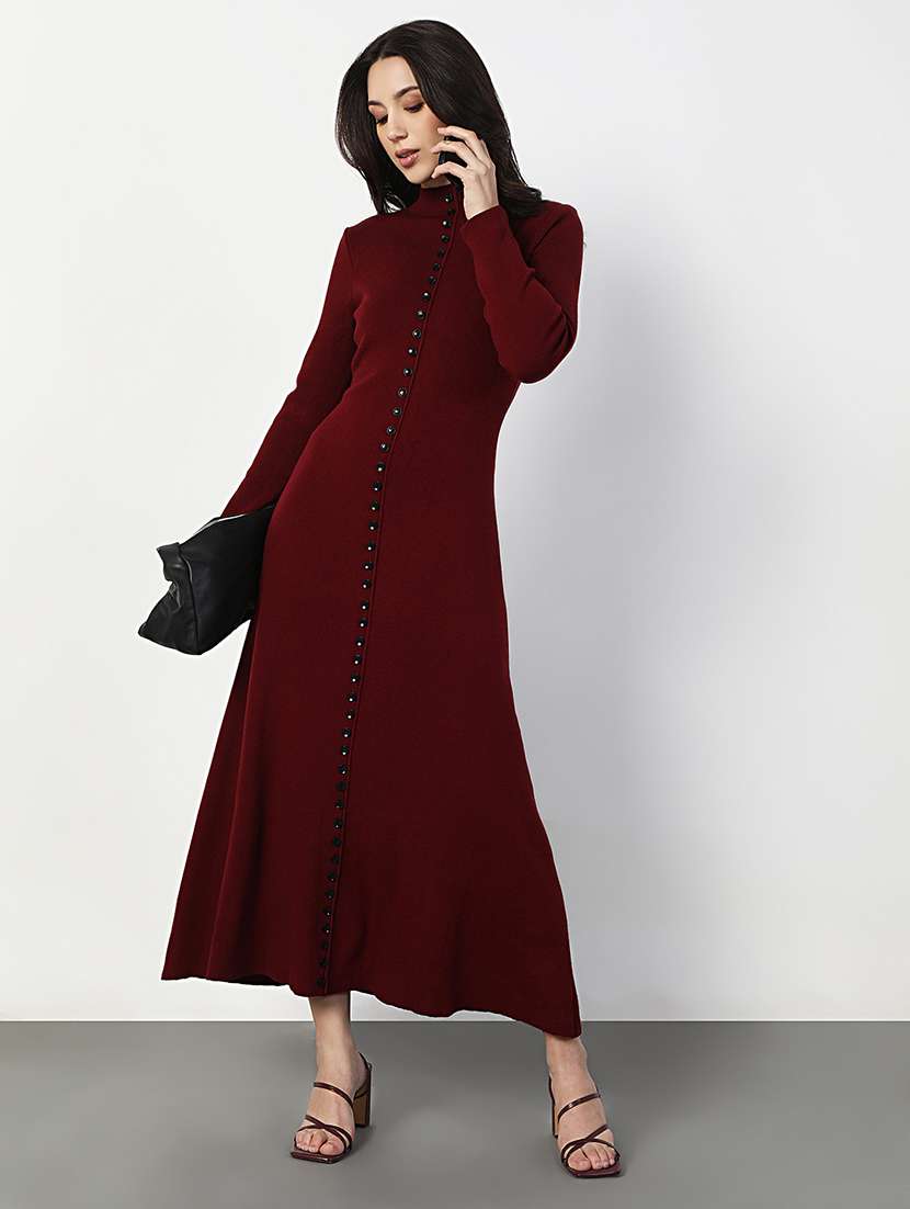 women maroon solid long sleeve a-line dress - 22038244 -  Standard Image - 1