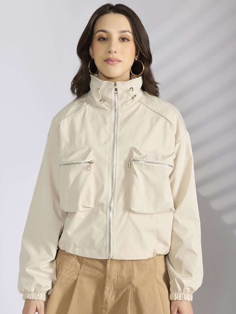 women cream solid long sleeve bomber jacket - 22038250 - Standard Image - 1