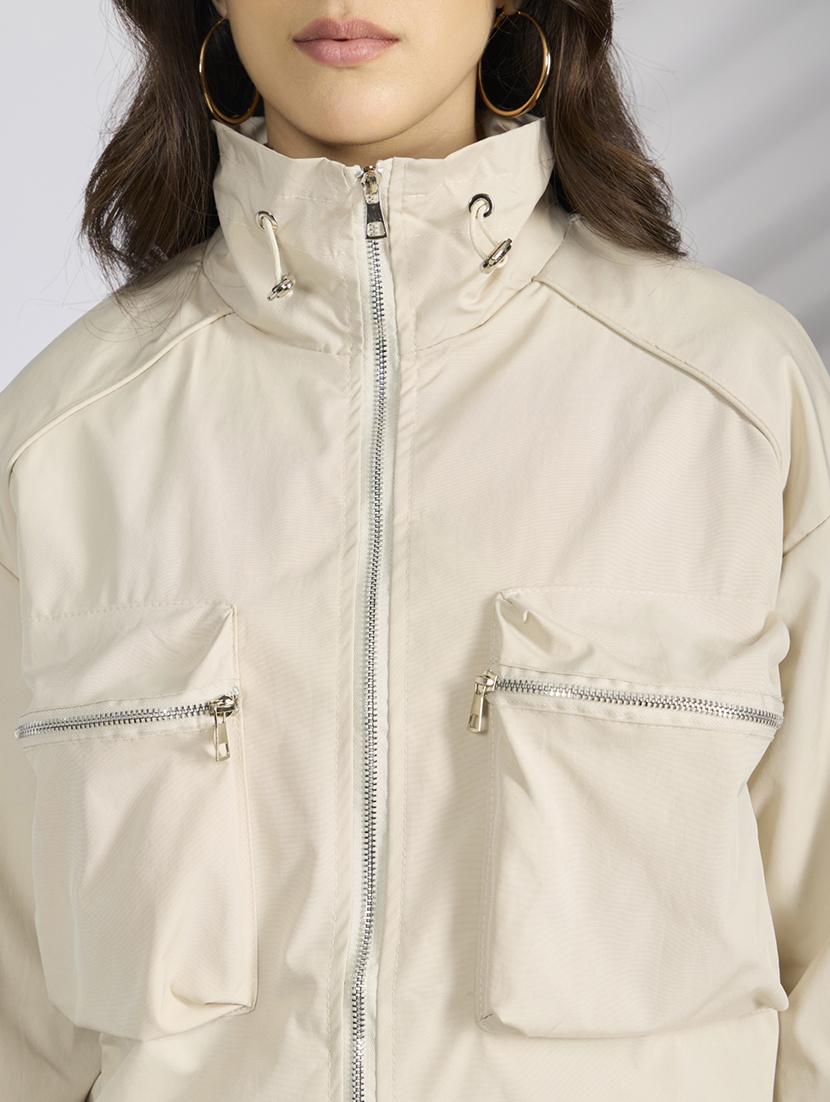 women cream solid long sleeve bomber jacket - 22038250 - Standard Image - 4