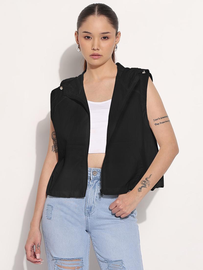 women solid sleeveless hooded windcheter jacket - 22038251 - Standard Image - 1