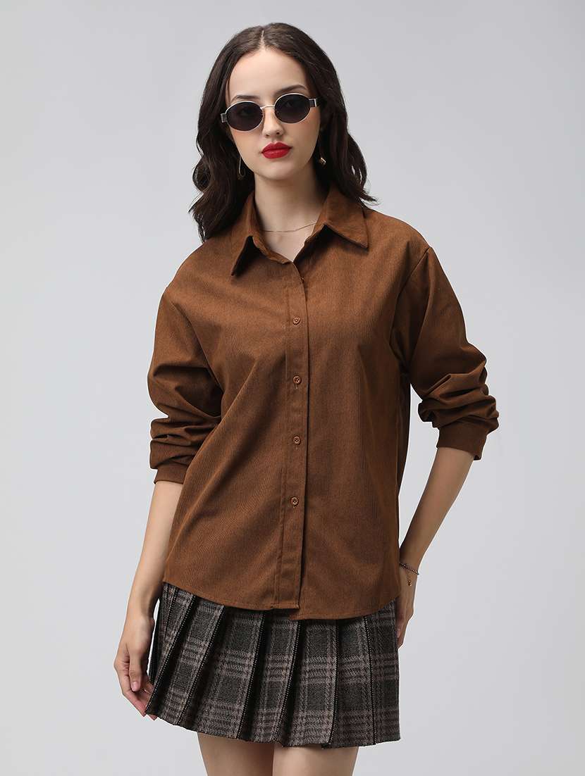 women solid collared long sleeve shirt - 22038255 -  Standard Image - 1