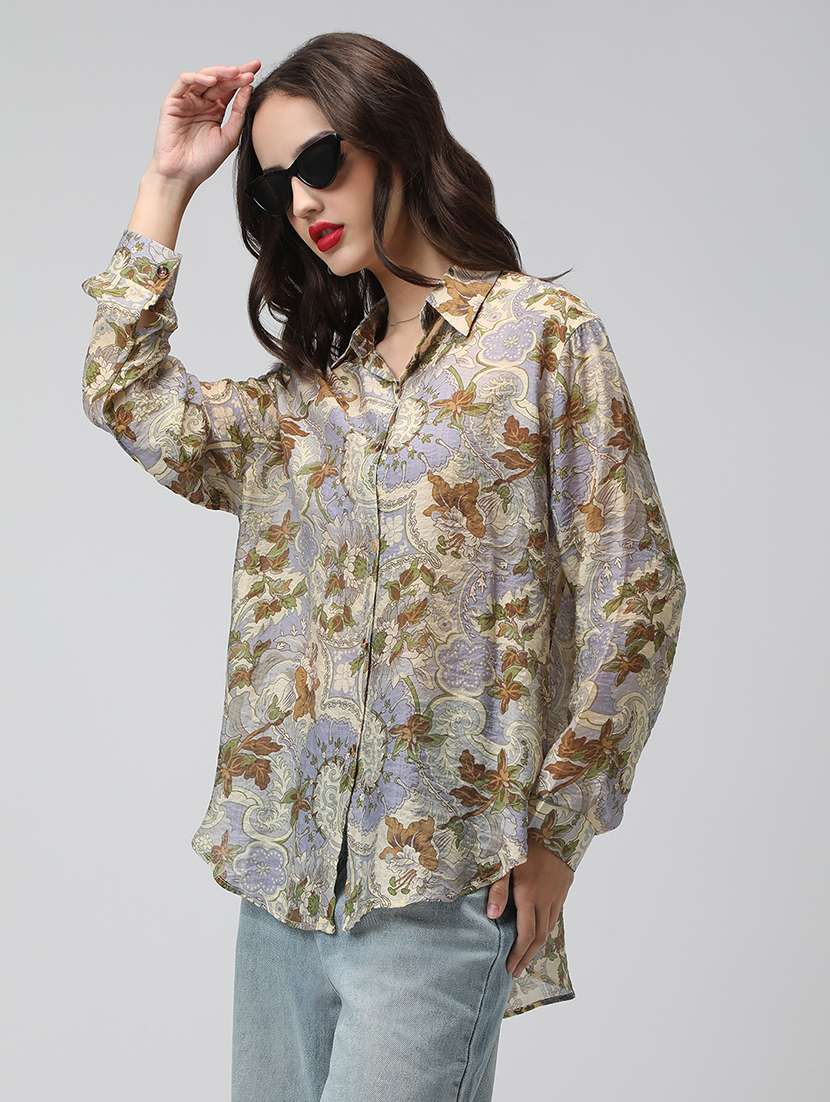 women printed collared long sleeve shirt - 22038258 -  Standard Image - 1