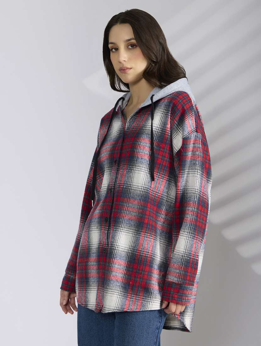 women checkered hooded long sleeve shirt - 22038260 - Standard Image - 1