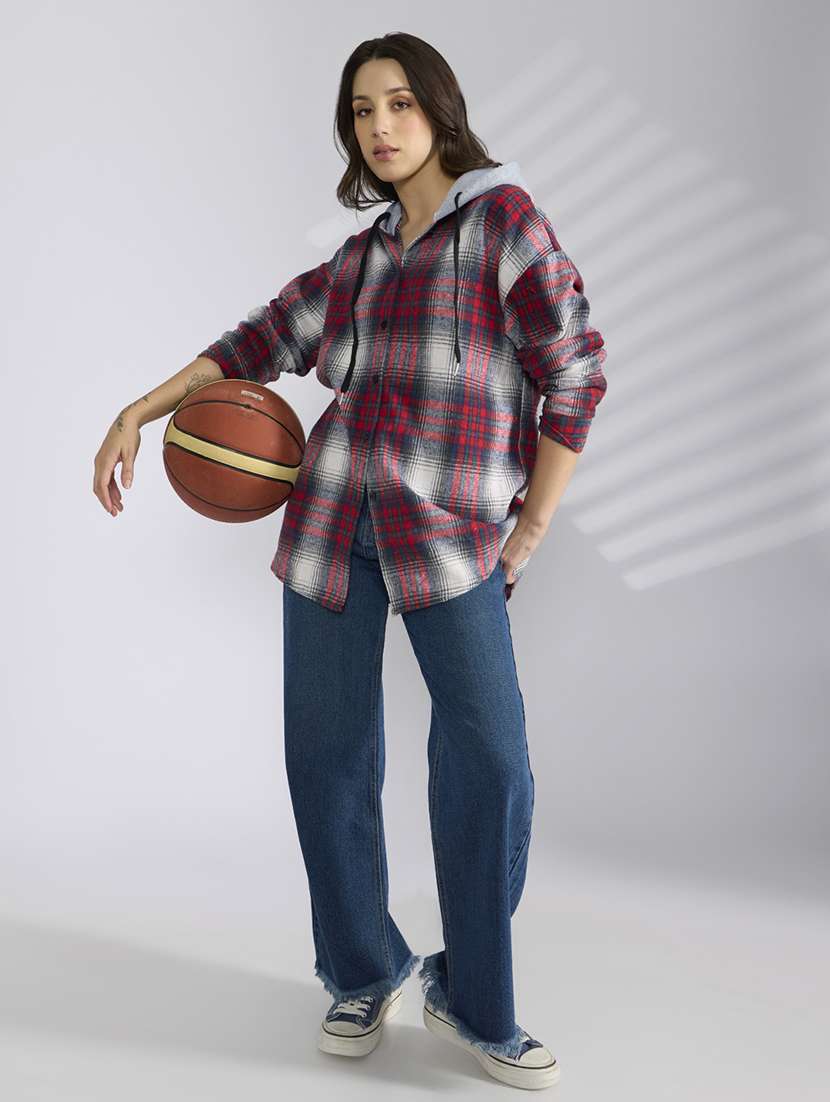 women checkered hooded long sleeve shirt - 22038260 - Standard Image - 4