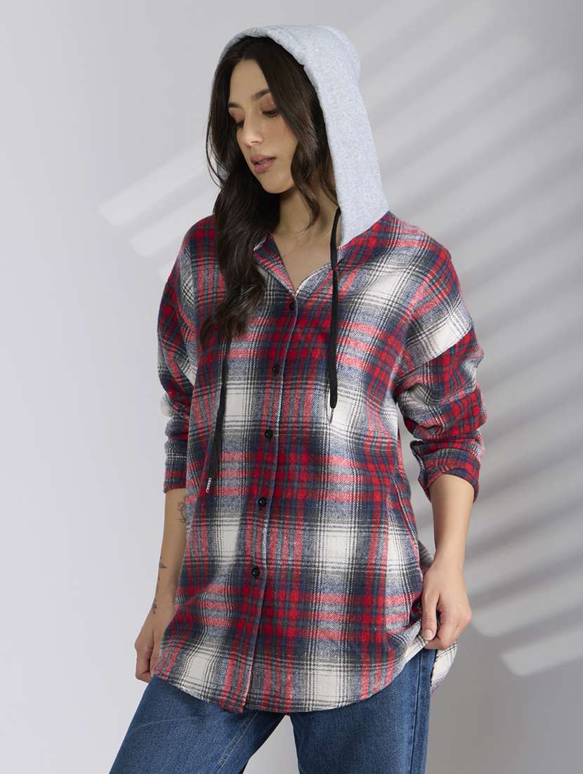 women checkered hooded long sleeve shirt - 22038260 - Standard Image - 6
