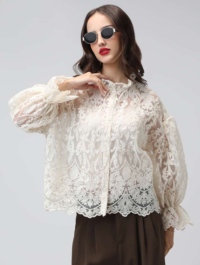 women embroidered mandarin neck puff sleeve shirt