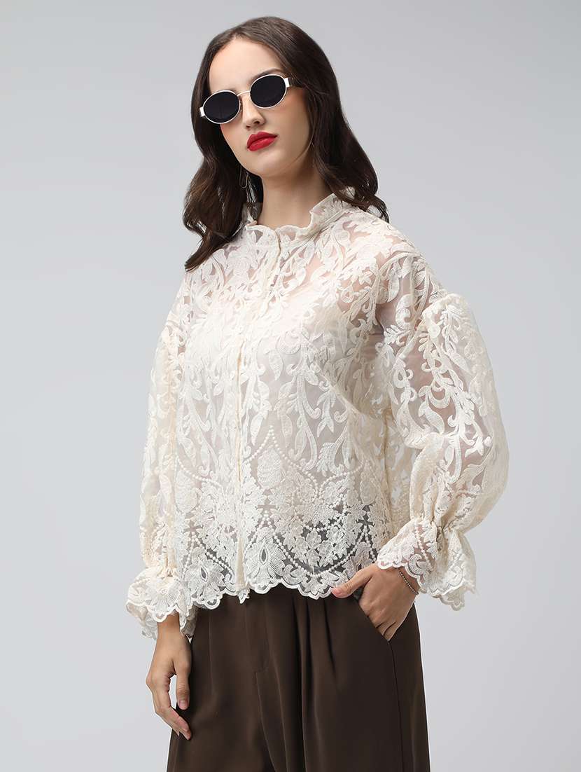 women embroidered mandarin neck puff sleeve shirt - 22038261 - Standard Image - 1