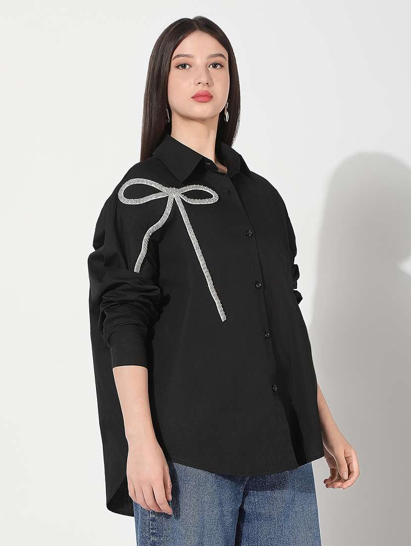 Women Sequined Collared Long Sleeve Shirt