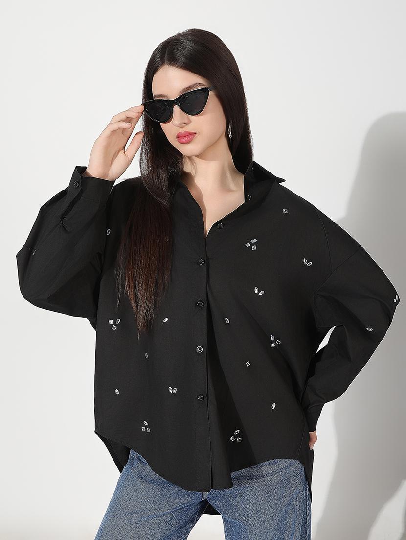 women emebllished collared long sleeve shirt