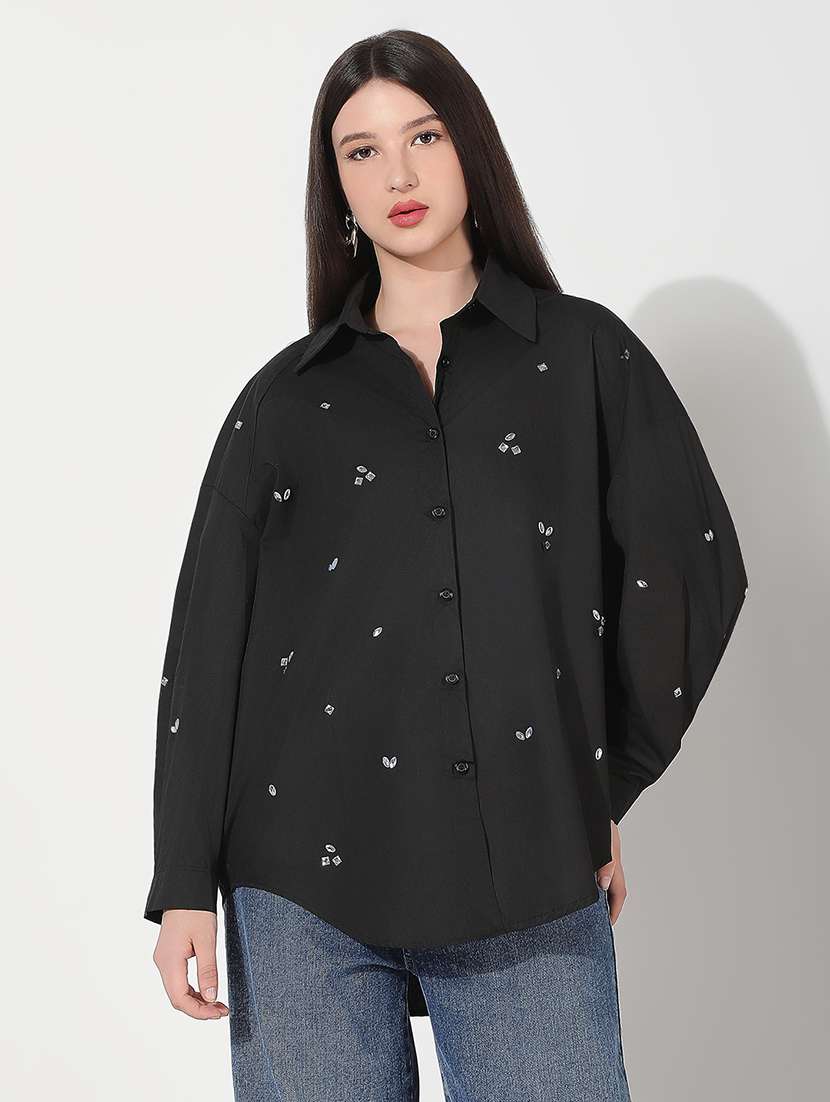 Women Emebllished Collared Long Sleeve Shirt