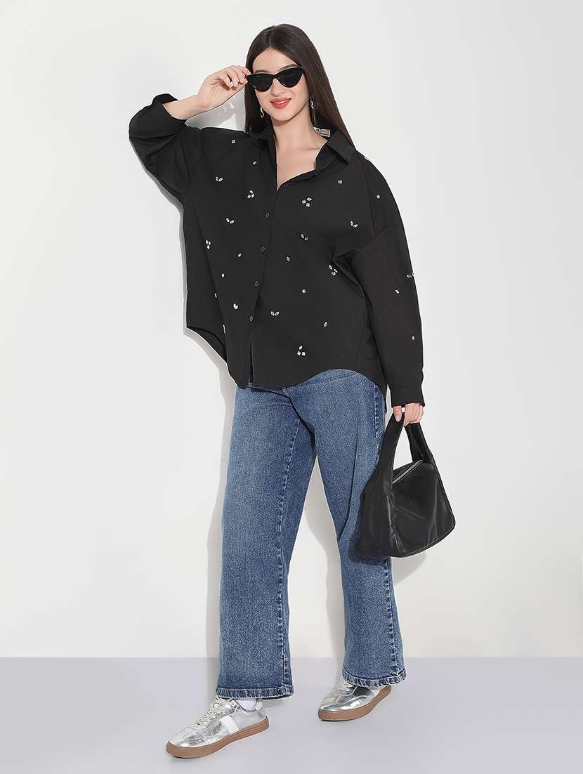 Women Emebllished Collared Long Sleeve Shirt