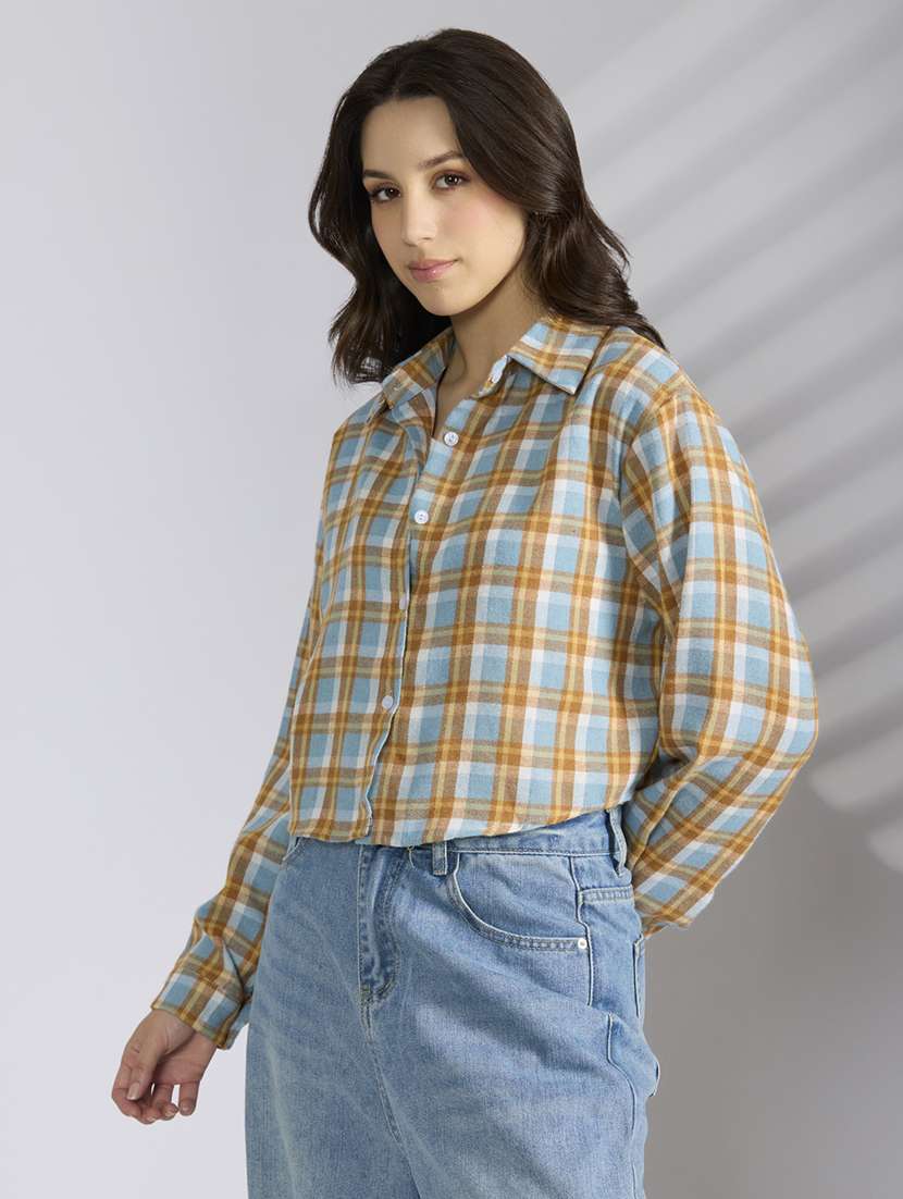 women chckered collared long sleeve shirt - 22038265 - Standard Image - 1