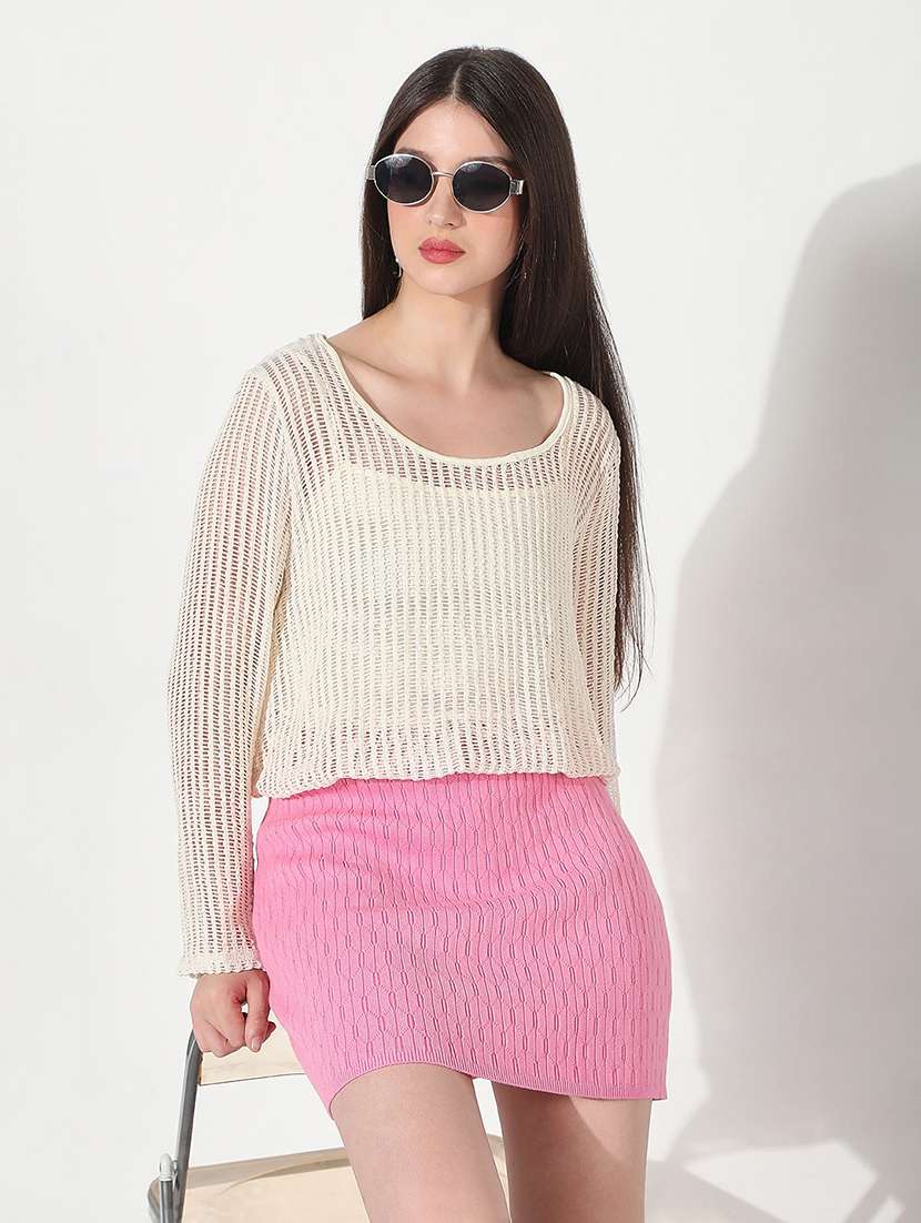 women solid long sleeve crop  top with slip