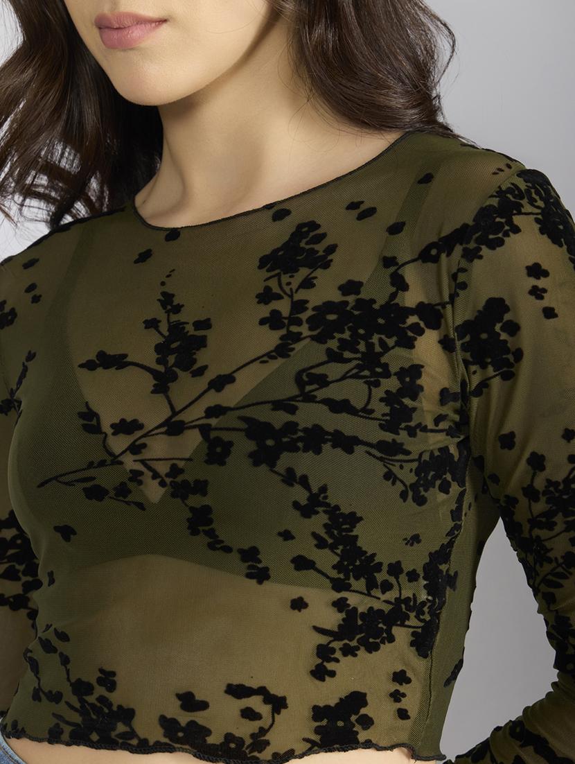 women self designed long sleeve mesh crop top - 22038291 - Standard Image - 4