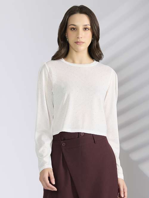 women solid long sleeve crop top - 22038293 -  Standard Image - 0