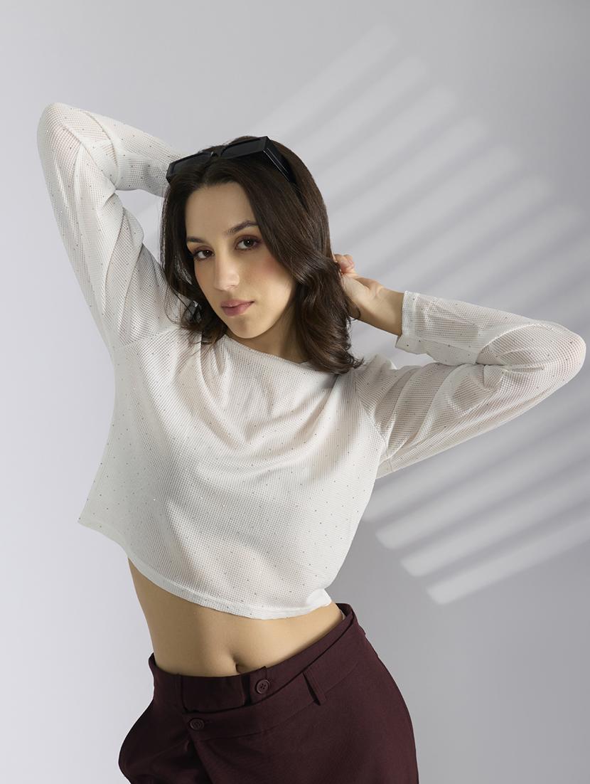 women solid long sleeve crop top - 22038293 - Standard Image - 1