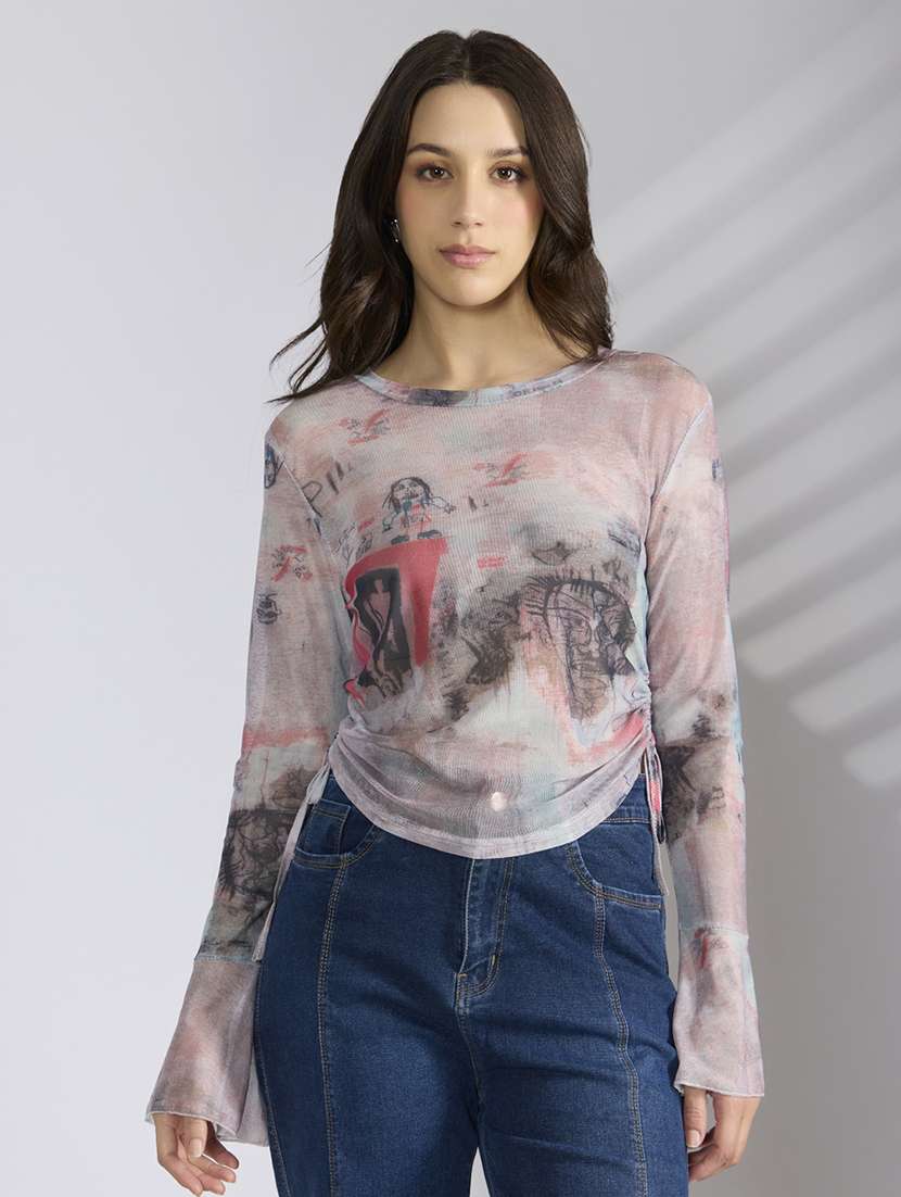 women printed long sleeve sheer ruched top - 22038294 -  Standard Image - 1