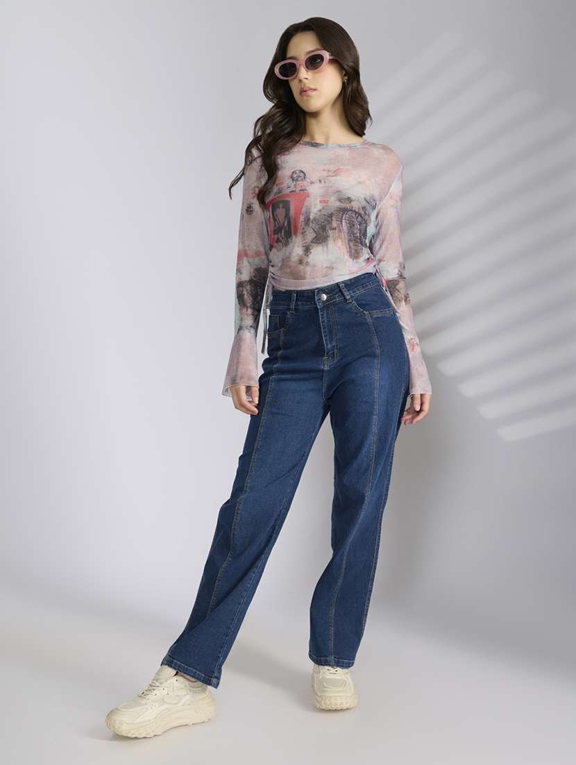 women printed long sleeve sheer ruched top - 22038294 -  Standard Image - 4