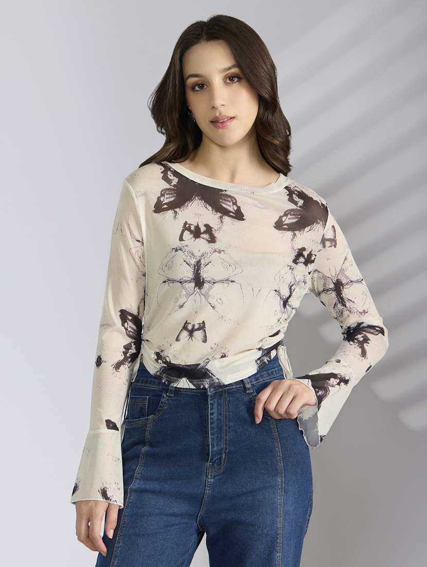 women printed long sleeve sheer ruched top - 22038295 -  Standard Image - 1